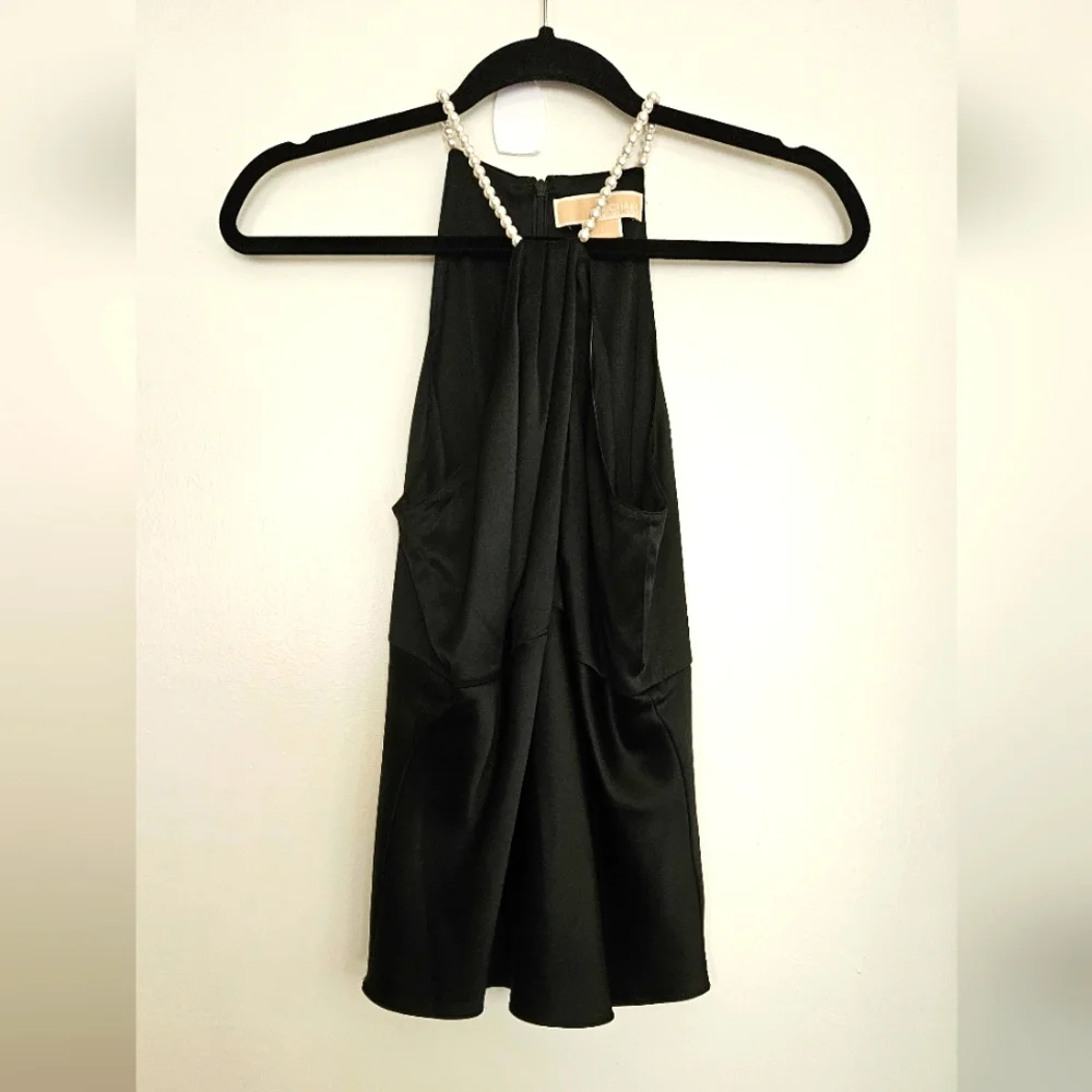 Michael Kors Womens Black Silk Size 4 Halter Keyhole Top W/Faux Pearl St…